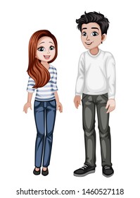 Cute Woman and Man Characters in Beautiful Clothes Standing Isolated on White Background. Beautiful Smiling Couple in Fashinable Clothes Cartoon Vector Illustration