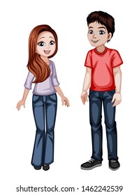 Cute Woman and Man Characters in Beautiful Clothes Standing Isolated on White Background. Beautiful Smiling Couple in Fashinable Clothes Cartoon Vector Illustration