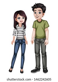 Cute Woman and Man Characters in Beautiful Clothes Standing Isolated on White Background. Beautiful Smiling Couple in Fashinable Clothes Cartoon Vector Illustration