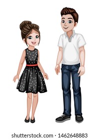 Cute Woman and Man Characters in Beautiful Clothes Standing Isolated on White Background. Beautiful Smiling Couple in Fashinable Clothes Cartoon Vector Illustration