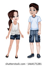 Cute Woman and Man Characters in Beautiful Clothes Standing Isolated on White Background. Beautiful Smiling Couple in Fashinable Clothes Cartoon Vector Illustration