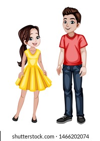 Cute Woman and Man Characters in Beautiful Clothes Standing Isolated on White Background. Beautiful Smiling Couple in Fashinable Clothes Cartoon Vector Illustration