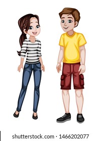 Cute Woman and Man Characters in Beautiful Clothes Standing Isolated on White Background. Beautiful Smiling Couple in Fashinable Clothes Cartoon Vector Illustration