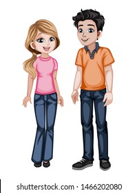 Cute Woman and Man Characters in Beautiful Clothes Standing Isolated on White Background. Beautiful Smiling Couple in Fashinable Clothes Cartoon Vector Illustration