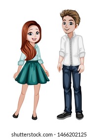Cute Woman and Man Characters in Beautiful Clothes Standing Isolated on White Background. Beautiful Smiling Couple in Fashinable Clothes Cartoon Vector Illustration