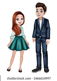 Cute Woman and Man Characters in Beautiful Clothes Standing Isolated on White Background. Beautiful Smiling Couple in Fashinable Clothes Cartoon Vector Illustration