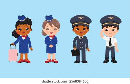 Cute woman and man flight attendant. Pilot and steward costume