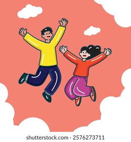 A cute woman and a man flying in the sky cartoon illustration for a sticker design element