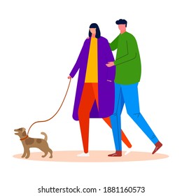 Una mujer y un hombre cortos caminando con un perro corredizo en el parque. El concepto de actividad al aire libre. Ilustración vectorial. Una pareja y una mascota adorables aisladas en un fondo blanco.