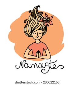 Cute woman meditate.Vector hand drawn illustration. Yoga design elements