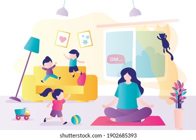 Cute Woman Meditating In Lotus Pose. Calm Mom Practices Yoga, While Children Play And Have Fun Around Her. Mother And Kids In Messy Living Room. Stress Relief Concept. Trendy Flat Vector Illustration