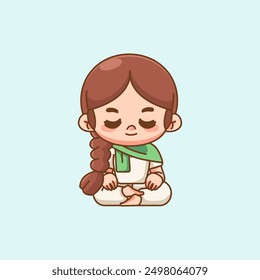 Cute woman meditation yoga kawaii chibi character mascot illustration outline style design