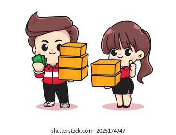 Cute woman and men holding cardboard and money ready to deliver character cartoon art illustration