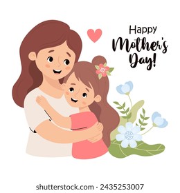 Cute woman mother brunette with her daughter. Happy mothers day postcard. Vector illustration in flat cartoon style