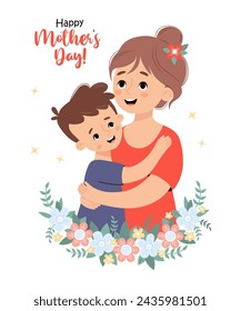 Cute woman mother with her smiling son. Holiday postcard happy Mothers day. Vector illustration in flat cartoon style