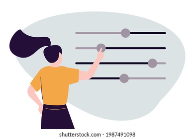 Cute woman moves different sliders. Girl adjusts various parameters. Concept of custom settings. Female user customize settings. System adjust, control panel. Back view. Trendy vector illustration