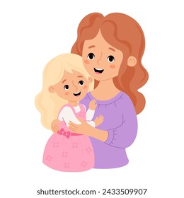 Linda mujer con mi hija rubia. Ilustración vectorial plana estilo de dibujos animados. Personaje femenino de la fiesta feliz para el cumpleaños, día de la mujer, diseño del día de la madre