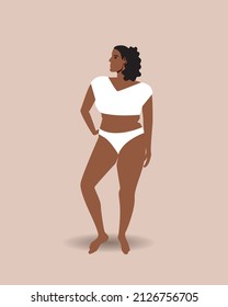 Mujer con figura natural o cuerpo positivo. Ilustración de material vectorial plano. Persona latina con pelo rizado. Mujer moderna aislada para el diseño