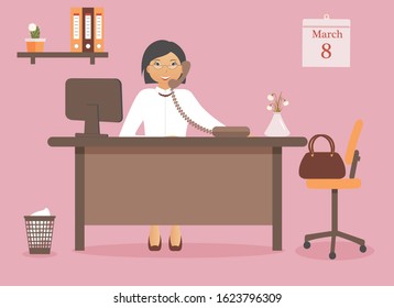 Cute woman in the office at the table on international women day on March 8.Vase of spring flowers given to female clerk by her colleagues.She accepts congratulations over phone.Vector illustration