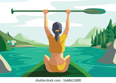 Cute woman on lake vector illustration. Girl sitting on sup board and holding paddle in hand flat style concept. Picturesque summer landscape. Extreme water sports concept