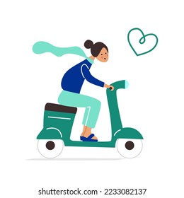 Cute woman on scooter. Flat vector illustration of woman on vespa