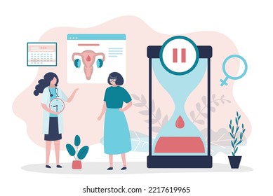 Cute woman patient talking with doctor gynecologist about menopause. Sandglass, biological clocks, limited fertility. Medical concept, feminine age. Climacteric. Menstrual periods. Aging process. 