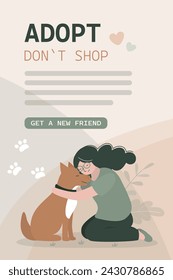 Cute woman petting and hugging dog, text adopt don't shop. calling for animal adoption from shelter. Help homeless pet concept. Vertical banner template. Domestic animals and owners. Pet adoption.