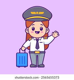 Cute Woman Pilot Holding Suitcase Cartoon Vector Icon 
Illustration. People Profession Icon Concept Isolated Premium 
Vector. Flat Cartoon Style 