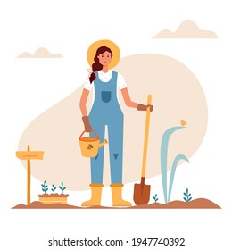 Cute woman planting seedlings on soil. Gardener cultivating young plants. Girl in uniform working in  garden. Vector concept art of gardening.