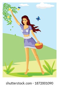 A cute woman plucking flowers in nature background in vector illustration