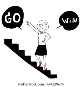 Cute woman with pointing finger gesture stepping up stair of success to win.  vector illustration.