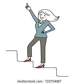 Cute woman with pointing finger gesture stepping up stair of success to win.  Vector illustration with hand-drawn style.