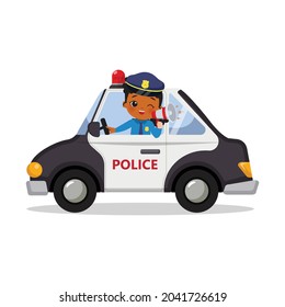 Cute woman police officer driving while holding a megaphone. Flat vector cartoon design