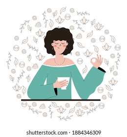 Cute woman practicing mindful eating exercise in nature and leaves. Concept illustration for meditation, relax, recreation, healthy lifestyle, mindfulness practice. Flat trendy vector illustration