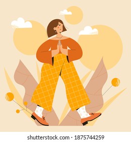 Cute woman practicing mindful walking exercise in nature and leaves. Concept illustration for meditation, relax, recreation, healthy lifestyle, mindfulness practice, spiritual discipline. 