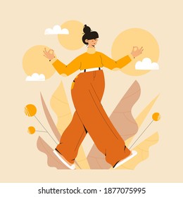 Cute woman practicing mindful walking exercise in nature and leaves. Concept illustration for meditation, relax, recreation, healthy lifestyle, mindfulness practice, spiritual discipline. 