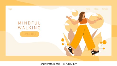 Cute woman practicing mindful walking exercise in nature and leaves. Concept illustration for meditation, relax, recreation, healthy lifestyle, mindfulness practice. Landing page, banner desing