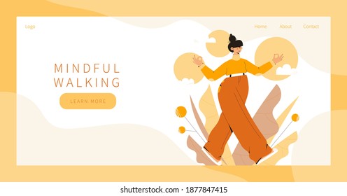 Cute woman practicing mindful walking exercise in nature and leaves. Concept illustration for meditation, relax, recreation, healthy lifestyle, mindfulness practice. Landing page, banner desing