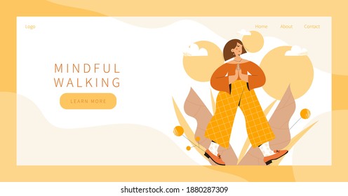 Cute woman practicing mindful walking exercise in nature and leaves. Concept illustration for meditation, relax, recreation, healthy lifestyle, mindfulness practice. Landing page, banner desing