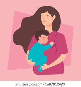 cute woman pregnant carrying baby boy vector illustration design