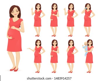 Cute woman pregnant in dress standing in different poses isolated vector illustration. Young mother holding her newborn baby.