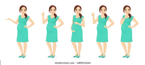 Cute woman pregnant in dress standing in different poses isolated vector illustration