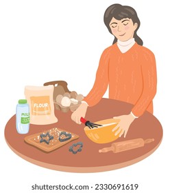 Mujer linda preparando la masa para galletas caseras. Ilustración vectorial dibujada a mano. Adecuado para sitios web, pegatinas, postales de regalo.