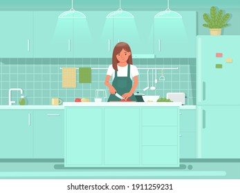 Cute woman preparing salad in the kitchen. Cooking meals for breakfast or lunch. Healthy eating. Vector illustration in flat style