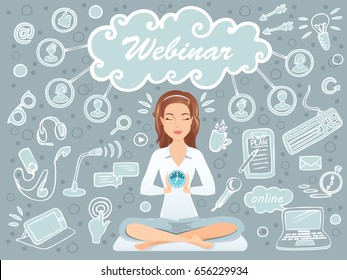 Cute woman preparing for a webinar / public speaker, coach, online education, e-learning