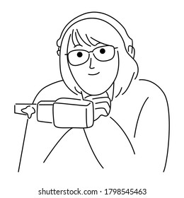 Cute woman radio announcer. Line art vector illustration