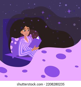 Cute woman reading before bed, concept of healthy sleeping. Sleeping problems and disorders collections. Cartoon flat vector illustration