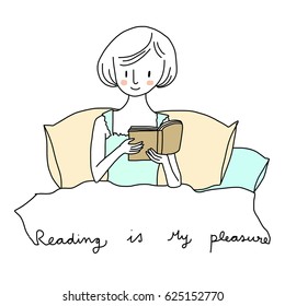 Cute woman reading book in her bed comfortably. Vector illustration with hand-drawn style.