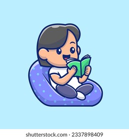 Cute Woman Reading Book on Sofa Cartoon Vector Icon Illustration. People Education Icon Concept Isolated Premium Vector. Flat Cartoon Style