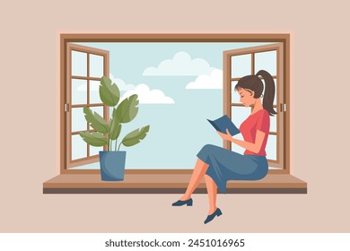 A cute woman is reading a book while sitting near an open window with a landscape. Illustration for a bookstore. Education and recreation concept. Vector